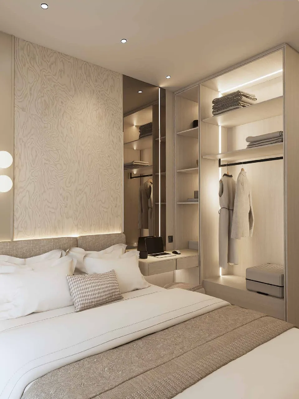 MABA Suitez interior concept bedroom with white bedding and a built-in wardrobe, artist's impression