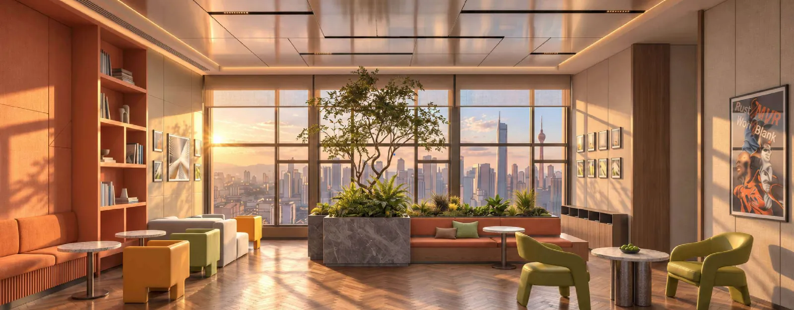 MABA Suitez coworking lounge with sofas, armchairs, bookshelves and big city-view windows, artist's impression