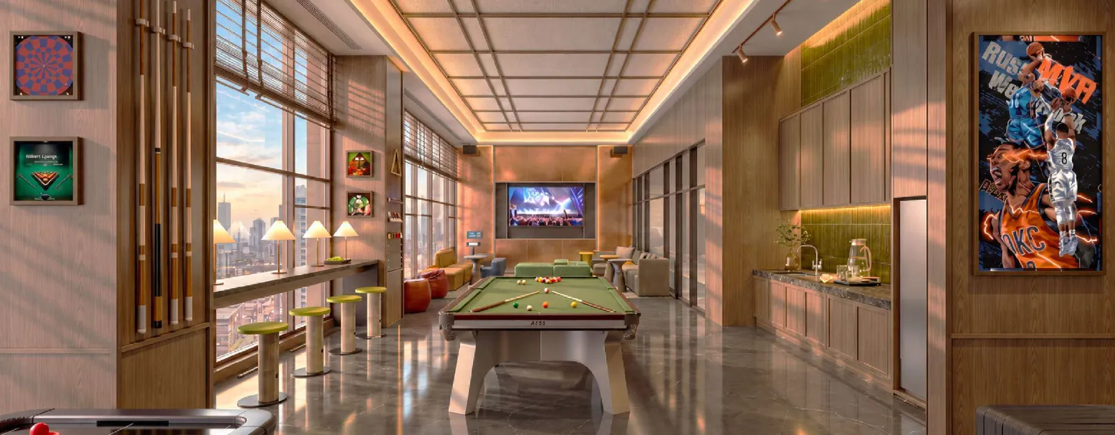 MABA Suitez games lounge with a pool table, wall screen and city-view windows, artist's impression