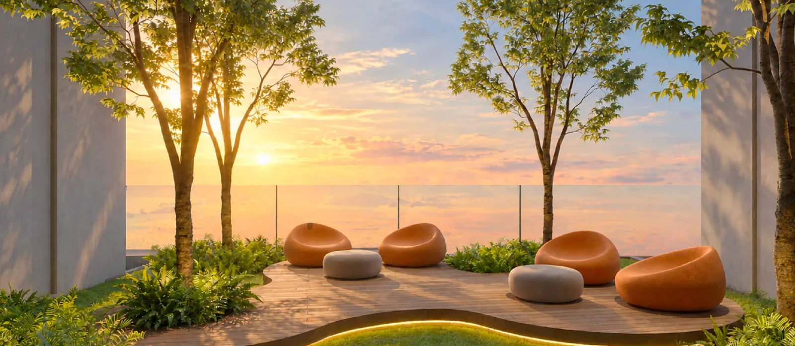 MABA Suitez garden alcoves with orange bean-bag seats on a timber deck among trees, artist's impression