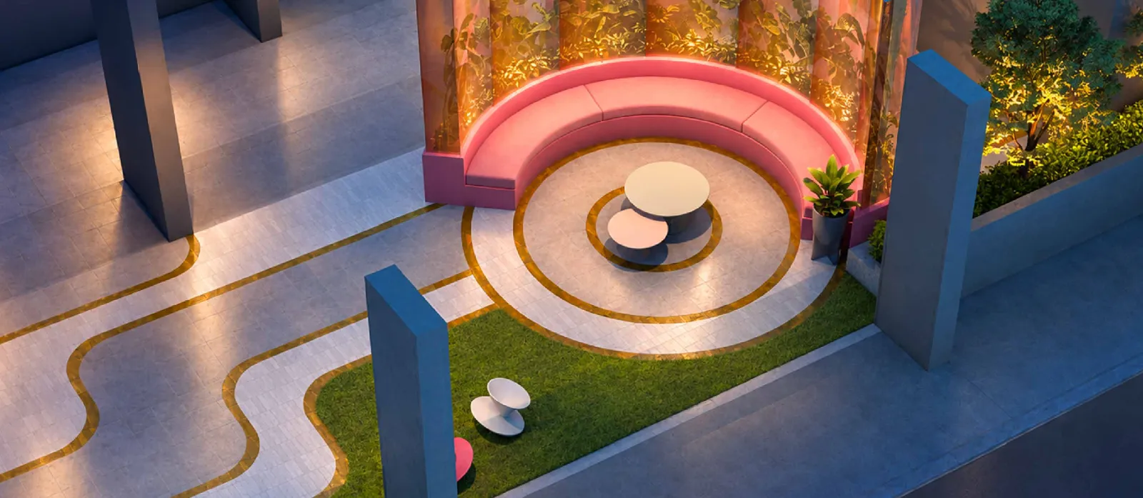 MABA Suitez garden lounge with a pink curved bench around a round table on a lawn, artist's impression