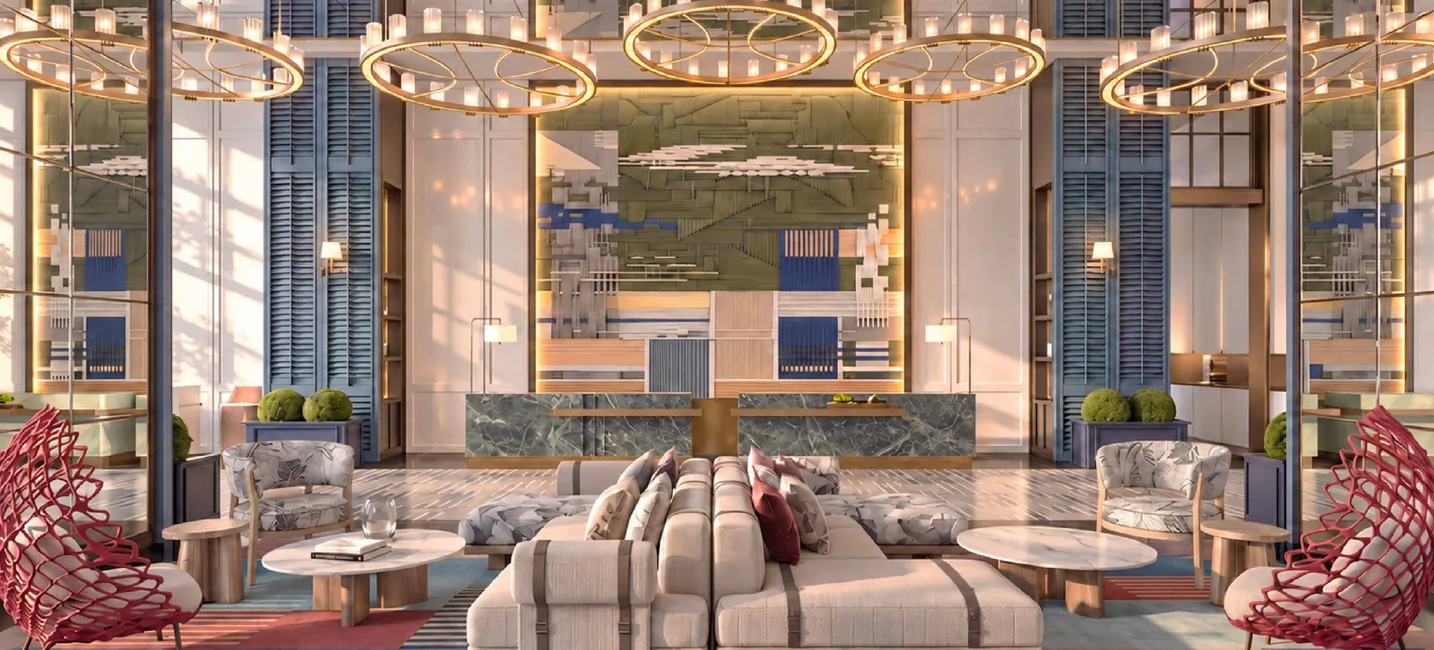 MABA Suitez grand lobby with ring chandeliers, a long sofa, red woven armchairs and tall shuttered windows, artist's impression