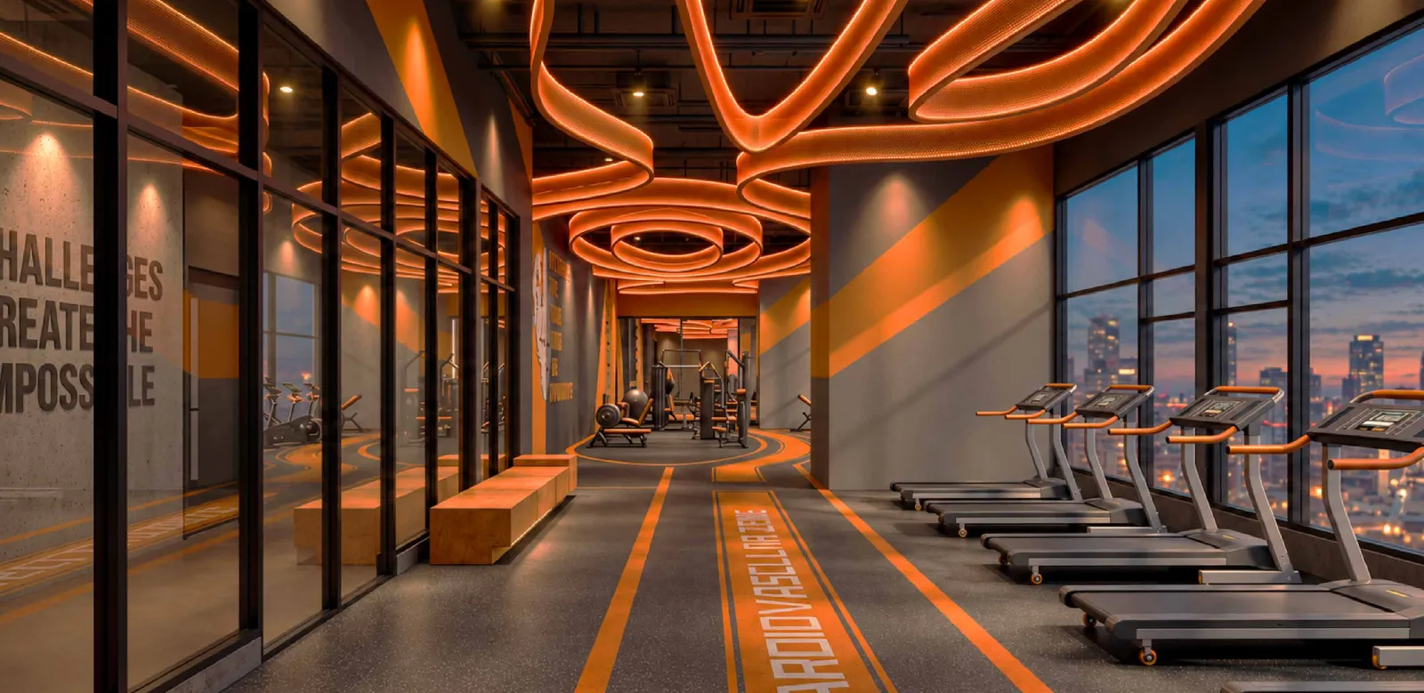 MABA Suitez row of treadmills facing floor-to-ceiling windows and the city at dusk, artist's impression