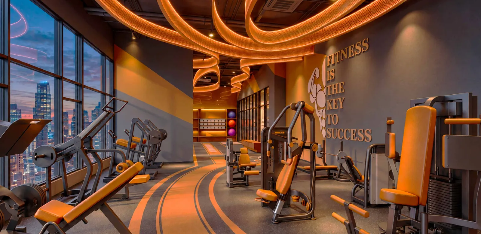 MABA Suitez gymnasium with orange weight machines under curved ceiling lights, with city views, artist's impression