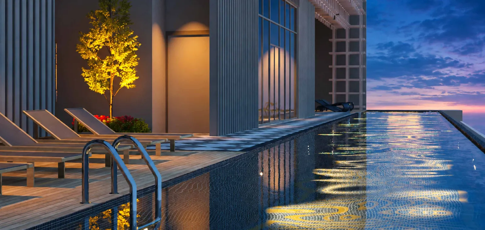 MABA Suitez luxe pool with sun loungers and a city view at dusk, artist's impression