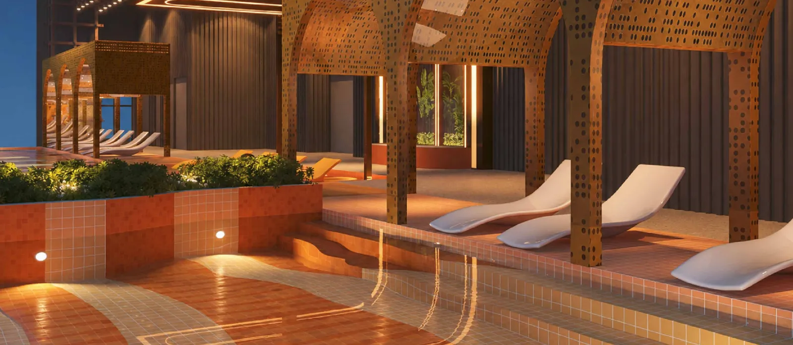 MABA Suitez kids' pool with orange tiles, arched canopies and white sun loungers, artist's impression