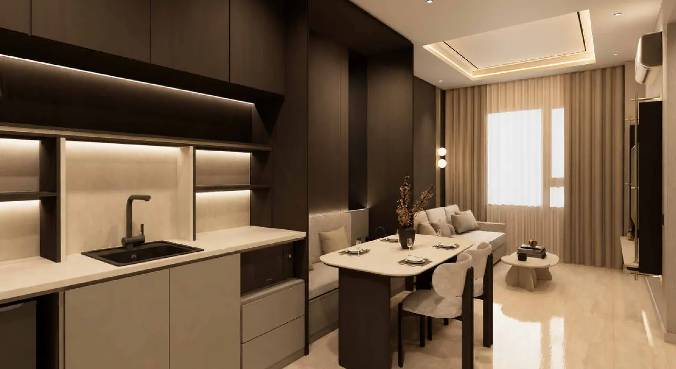MABA Suitez interior concept pantry with dark cabinets and a dining table, artist's impression