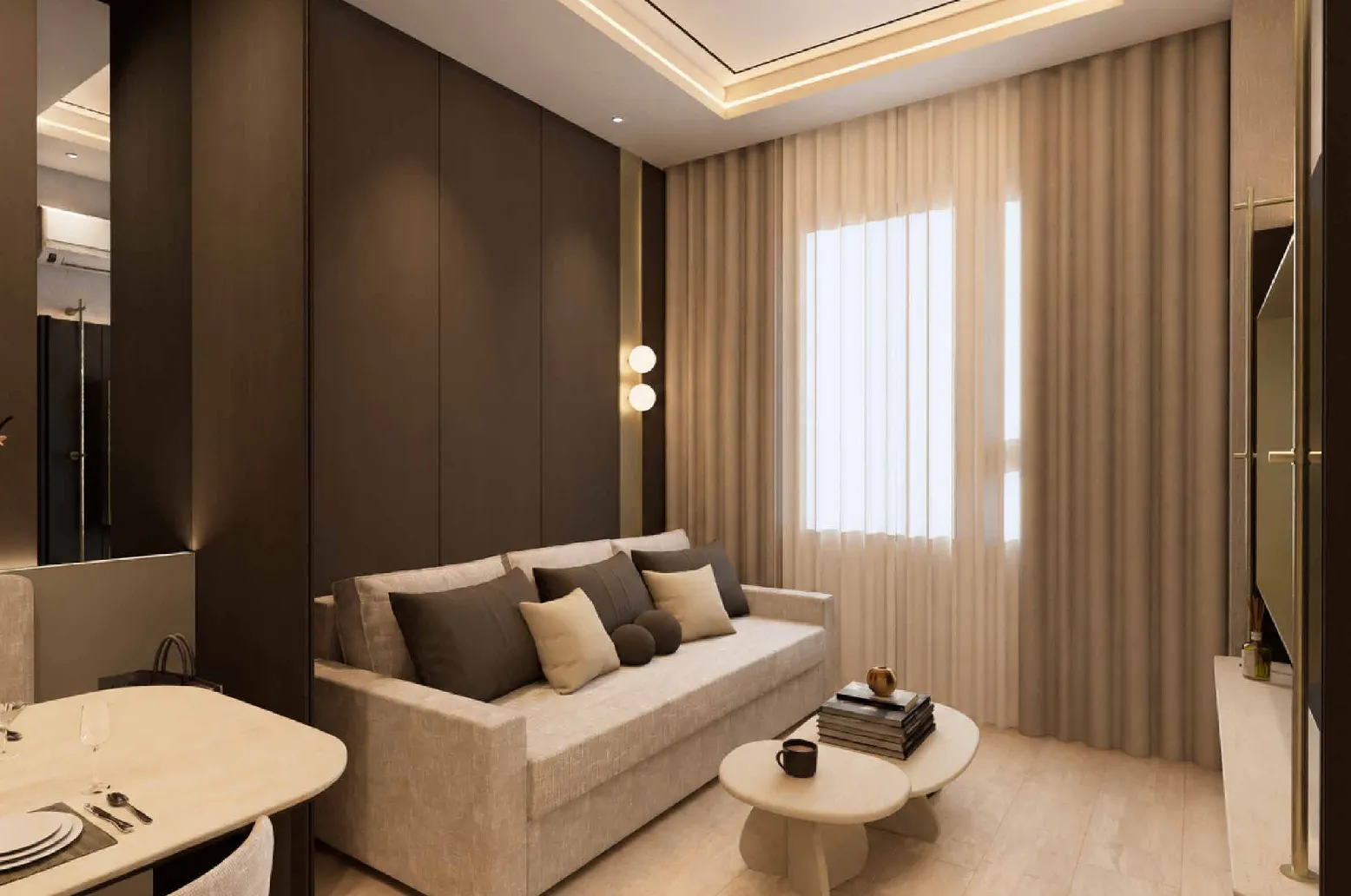 MABA Suitez interior concept living room with a beige sofa, round coffee table and tall curtains, artist's impression