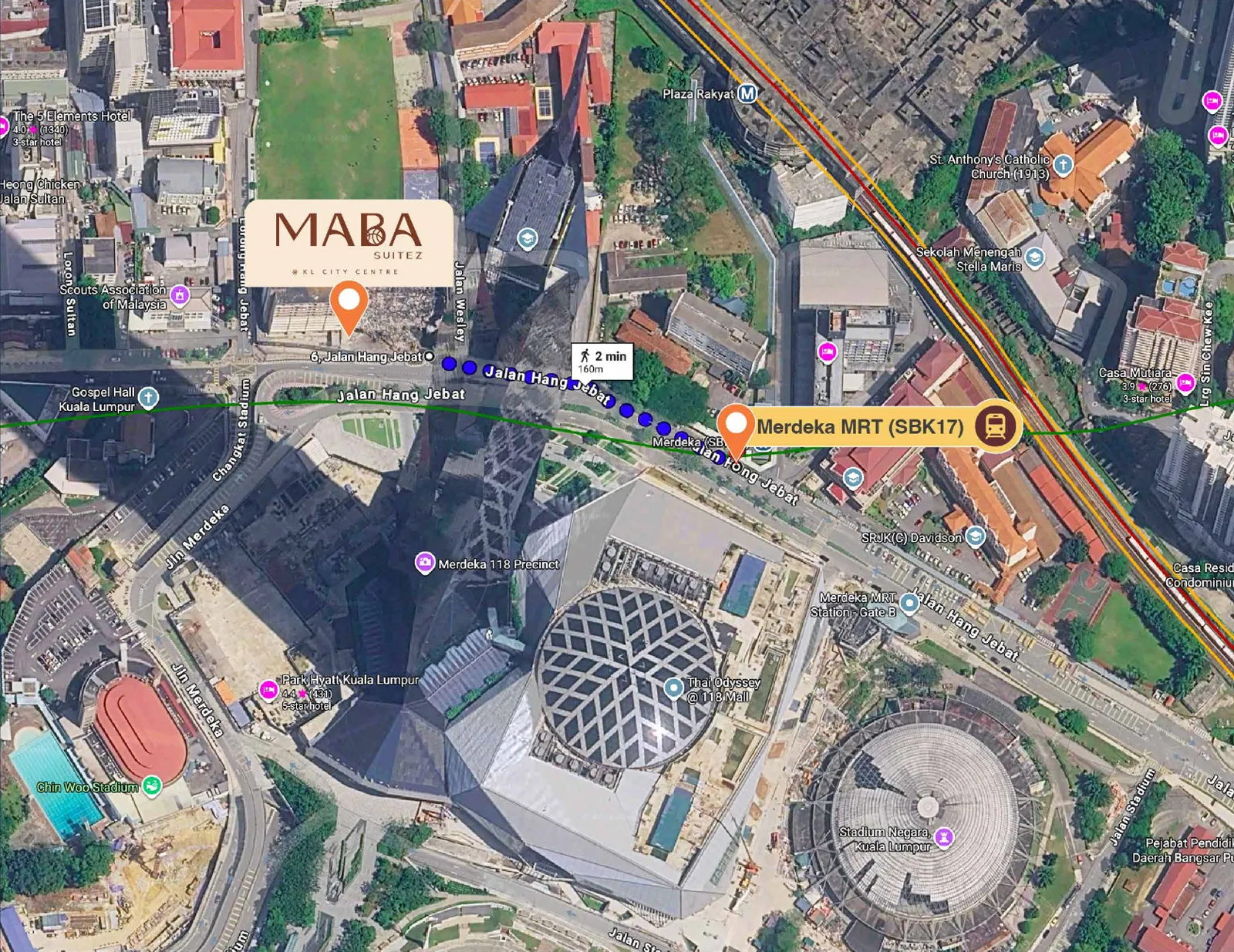 Map of MABA Suitez at 6 Jalan Hang Jebat with the 160 m walking route to Merdeka MRT, Merdeka 118 and Stadium Negara
