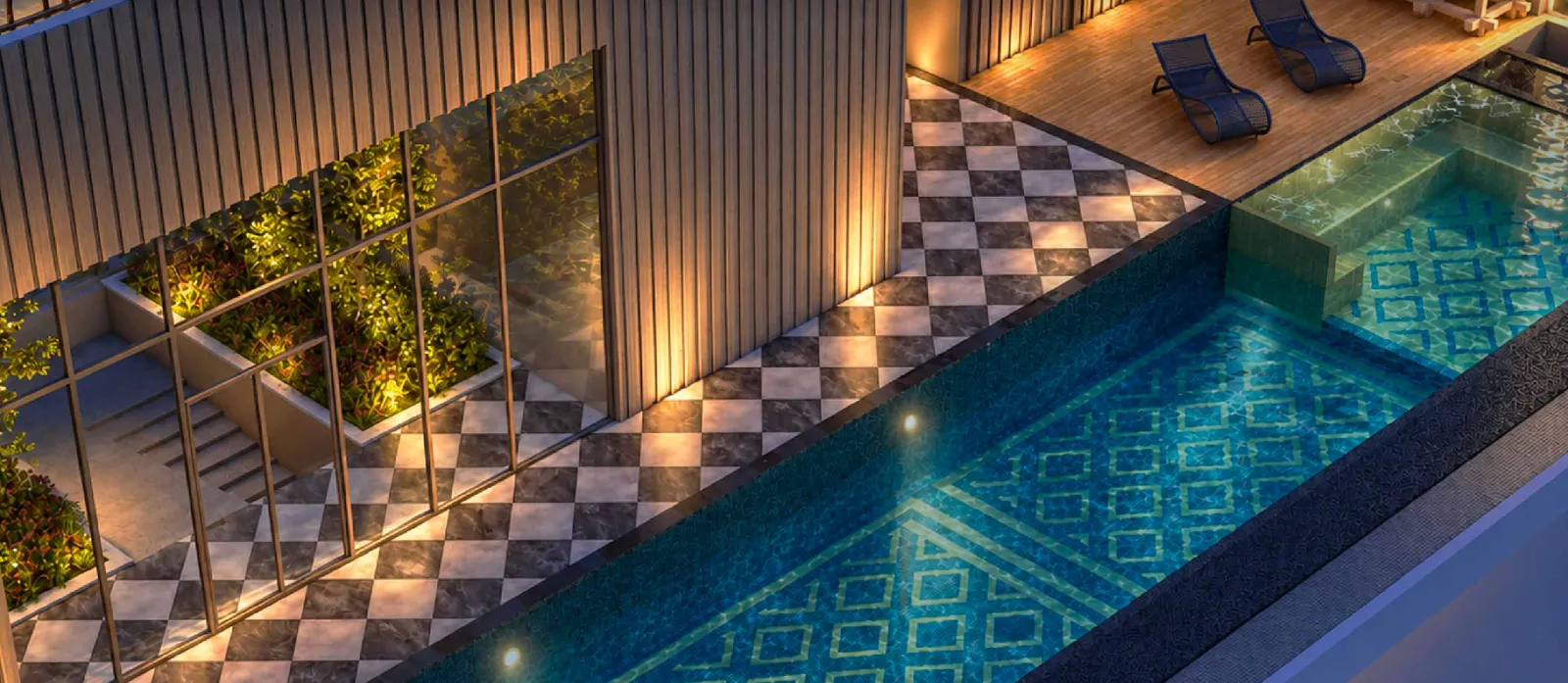 MABA Suitez luxe pool and jacuzzi with patterned blue tiles and a chequered deck, seen from above, artist's impression
