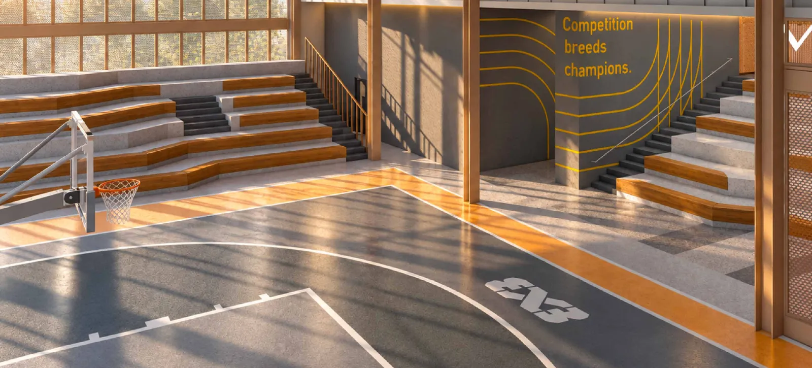 MABA Suitez half basketball court with tiered steps and windows along one side, artist's impression