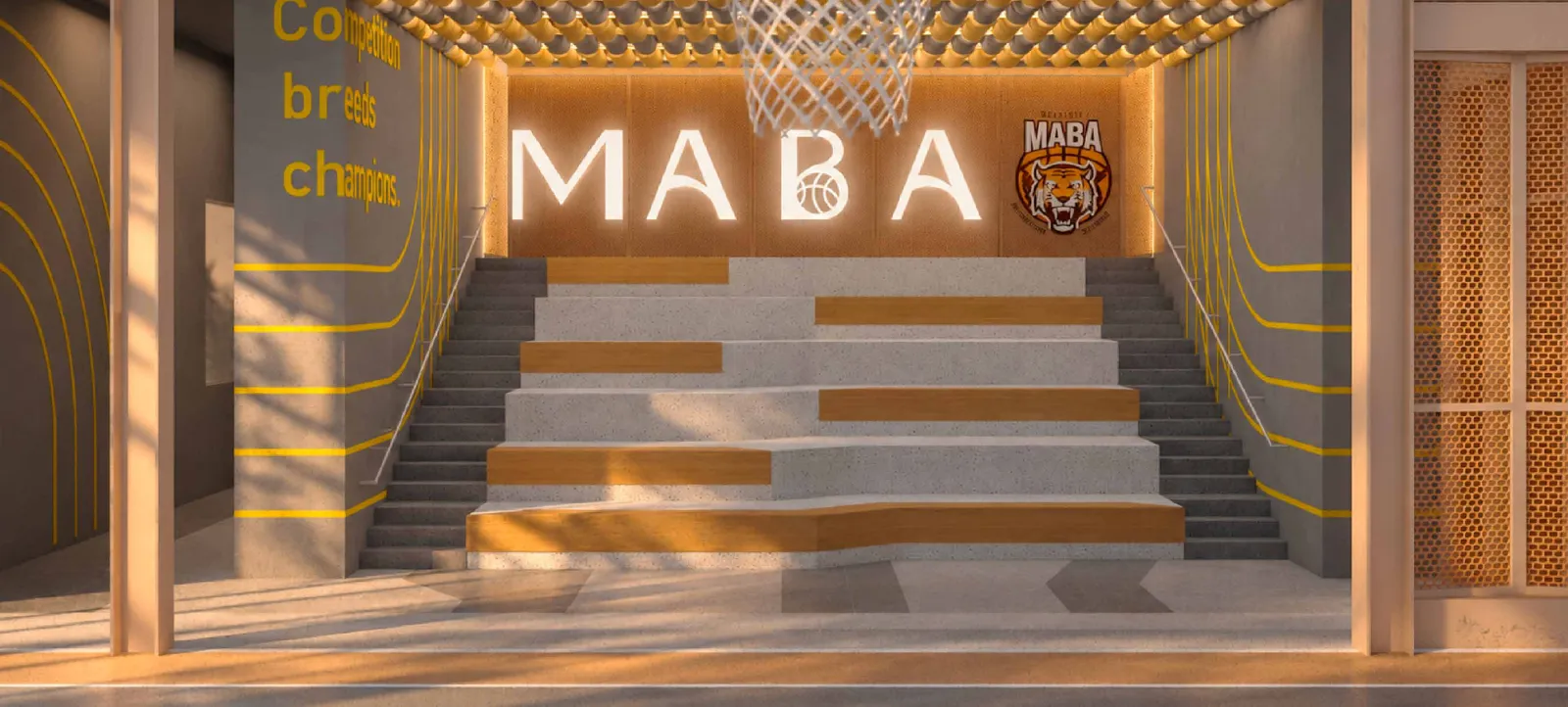 MABA court with a basketball hoop, tiered seating and an illuminated MABA sign, artist's impression