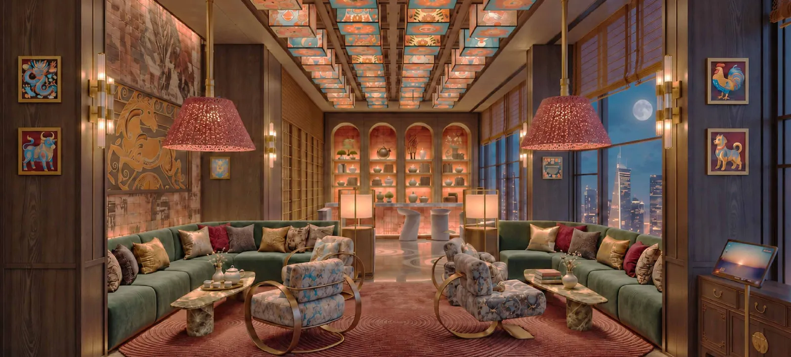 MABA Suitez music lounge with green sofas, patterned armchairs and red lampshades, artist's impression