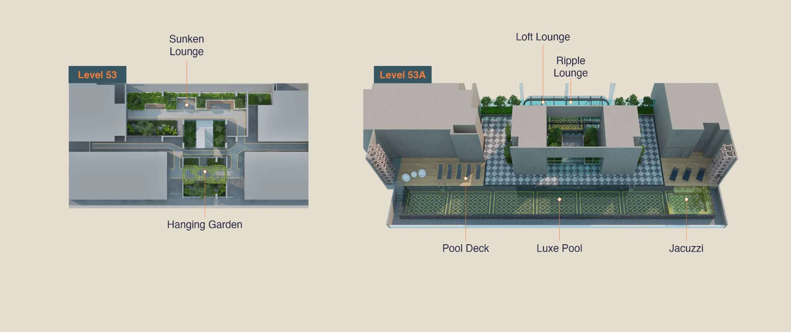 MABA Suitez Tower A Level 53 and 53A facilities plan with hanging garden, luxe pool and jacuzzi