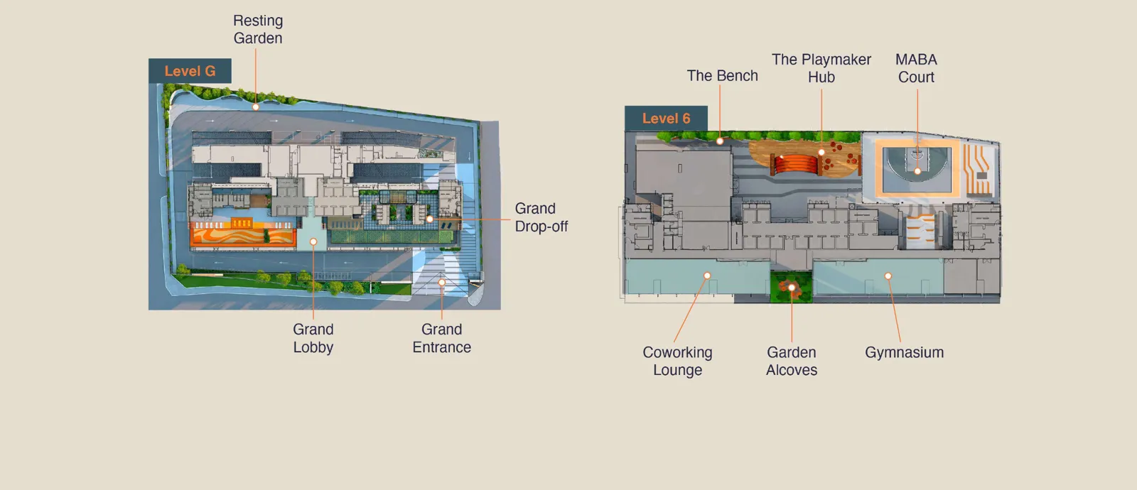 MABA Suitez Level G and Level 6 facilities plan with grand lobby, MABA court, gymnasium and coworking lounge