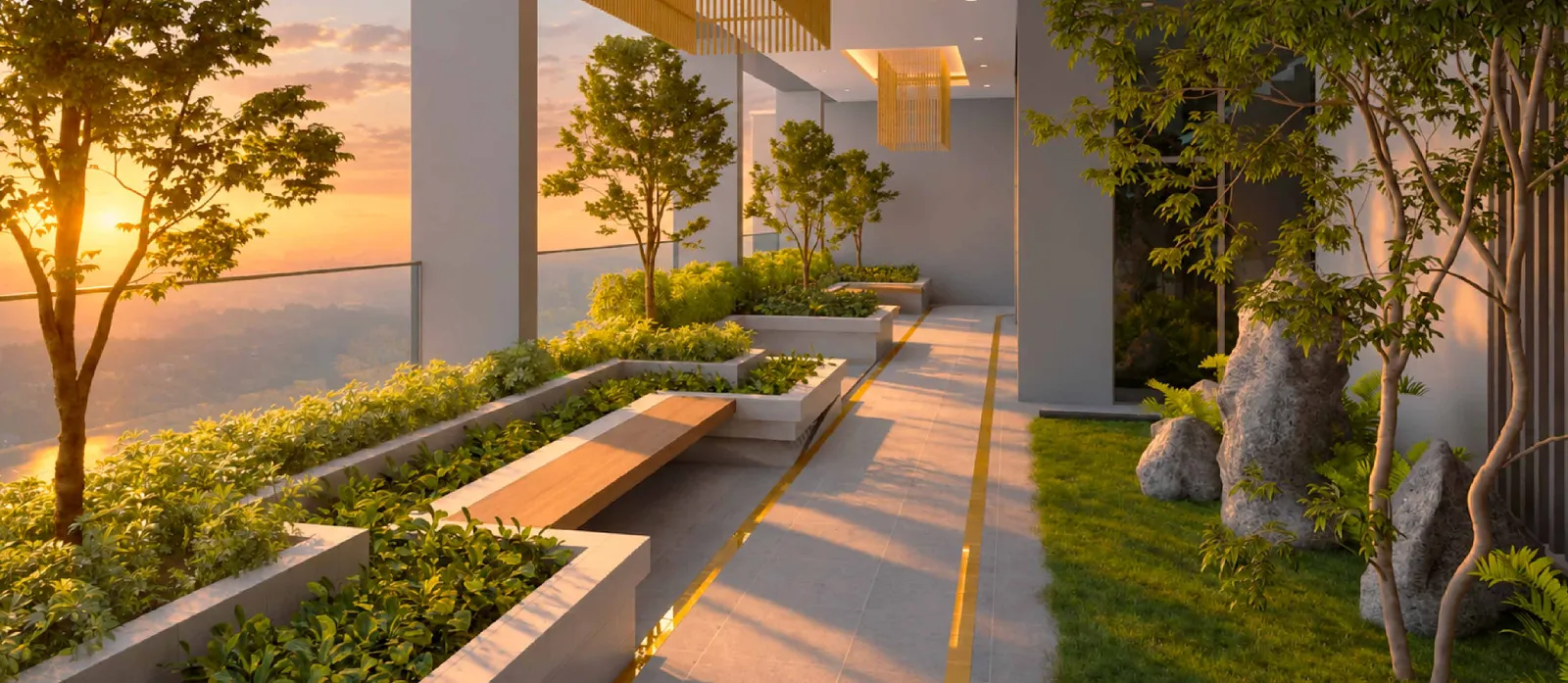 MABA Suitez sunken lounge with planters, timber benches and trees at sunset, artist's impression