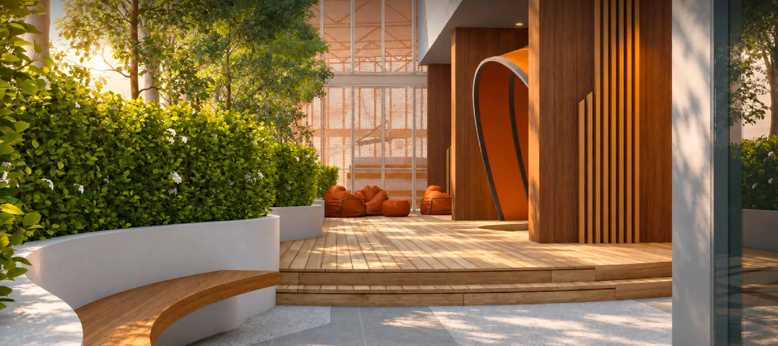 MABA Suitez the Bench, a curved timber seat beside hedges and an orange arched entrance, artist's impression