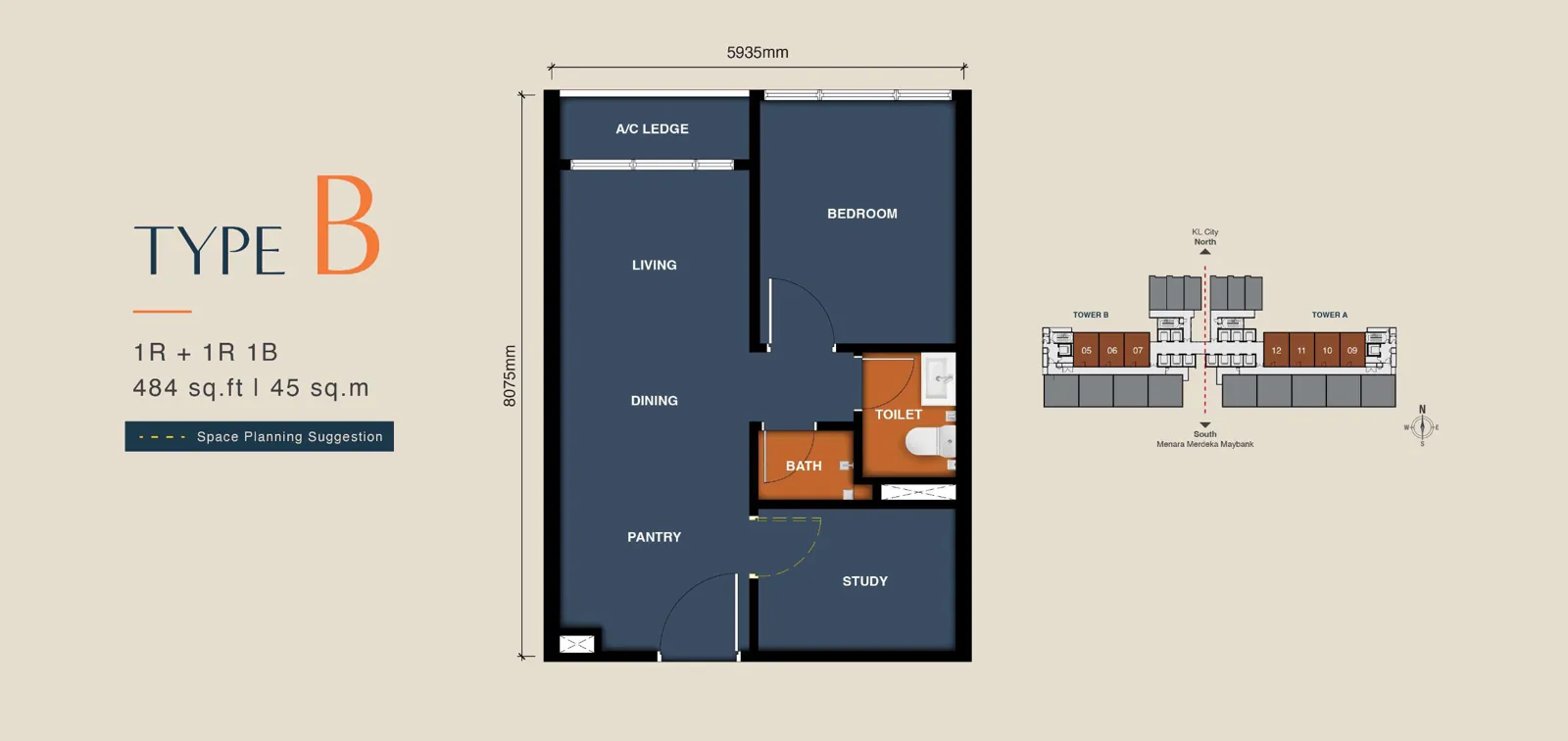 MABA Suitez unit plan Type B, 484 sq ft, 1+1 rooms, 1 bathrooms