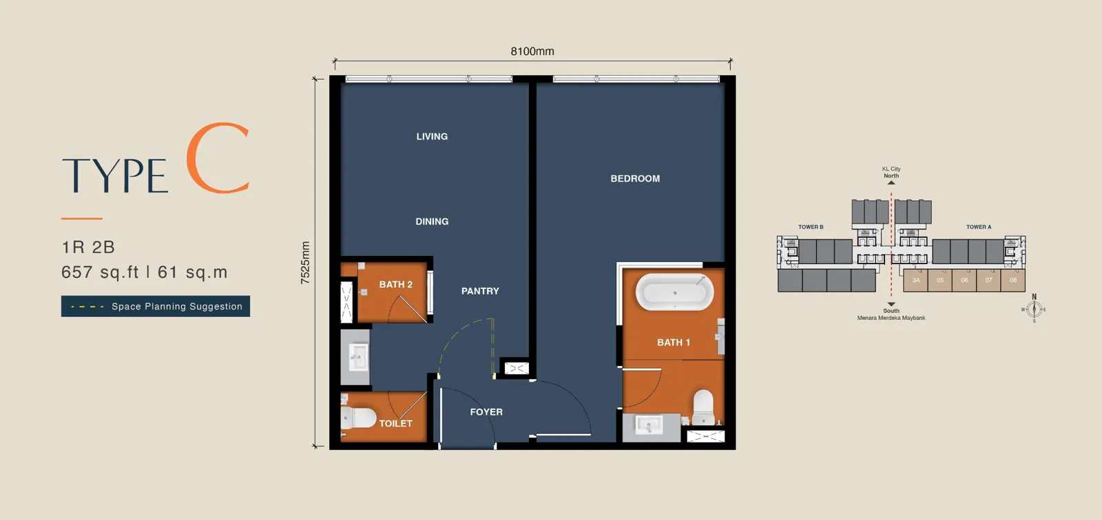 MABA Suitez unit plan Type C, 657 sq ft, 1 room, 2 bathrooms, dual key