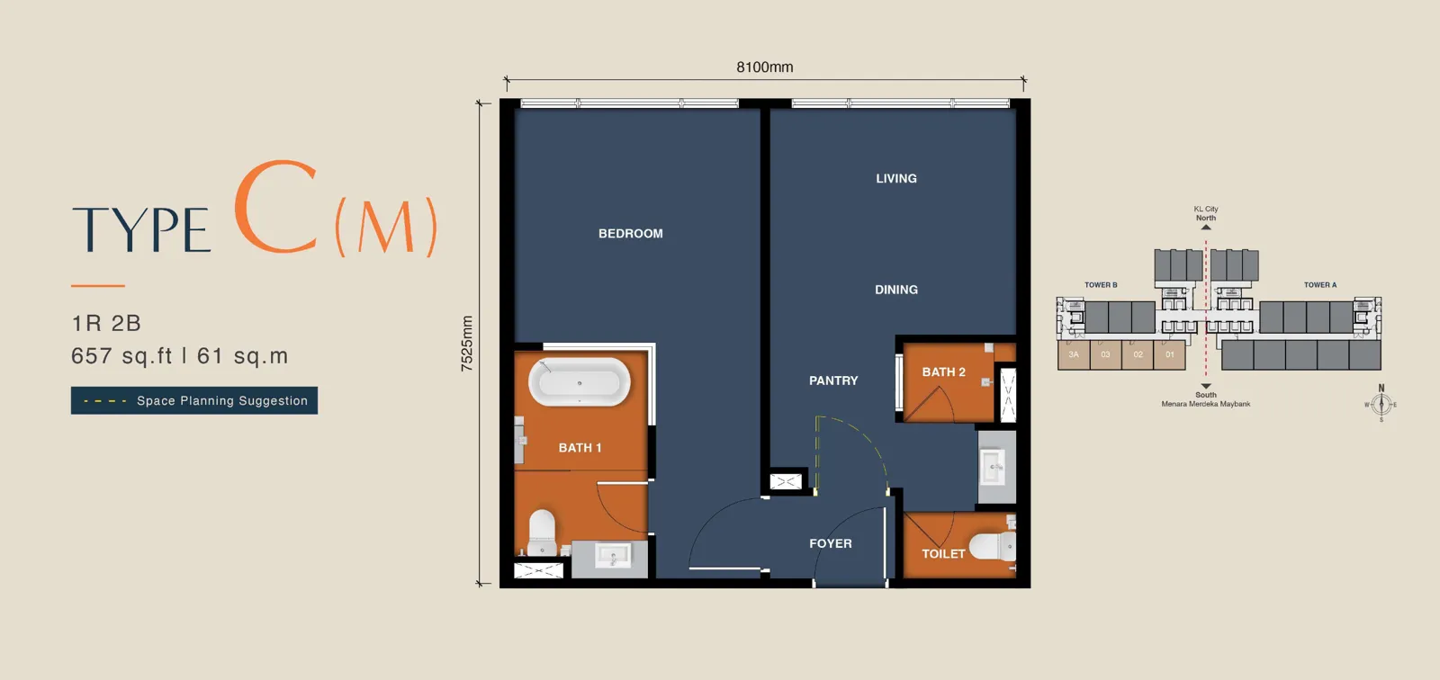 MABA Suitez unit plan Type C(M), 657 sq ft, 1 room, 2 bathrooms, dual key, mirrored